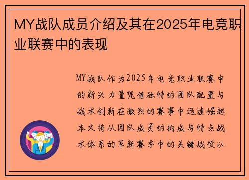MY战队成员介绍及其在2025年电竞职业联赛中的表现