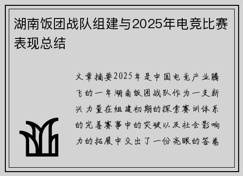 湖南饭团战队组建与2025年电竞比赛表现总结