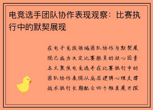 电竞选手团队协作表现观察：比赛执行中的默契展现